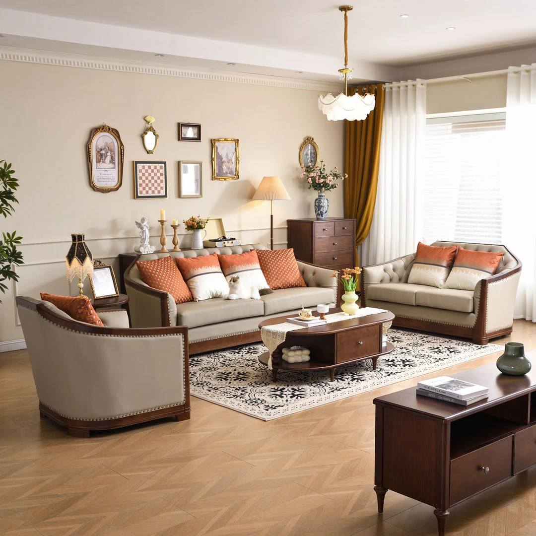 实木法式复古真皮沙发中古沙发美式小户型一二三人位客厅组合沙发