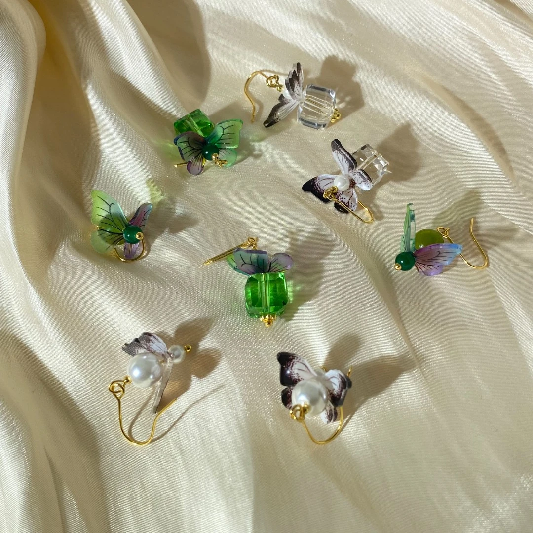 YI CHUN GE GE 铜合金耳饰 义纯格格原创蝶恋石春天百搭耳饰