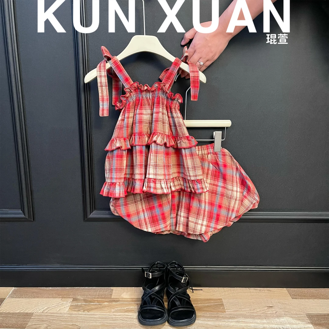 【琨萱】「番石榴」女童夏款洋气红格清凉套装 23SU221