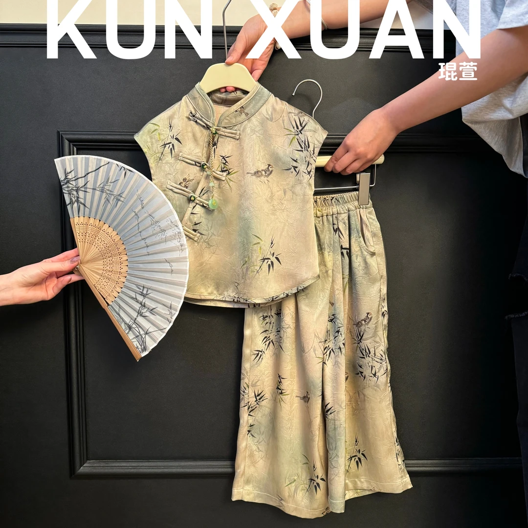 【琨萱】“报喜”女童2024夏款新中式缎面无袖长裤套装 SU56T149