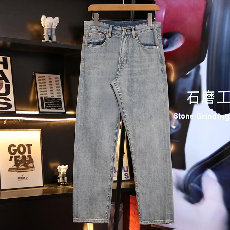 浅色日系港风复古牛仔裤男士休闲阔腿秋新款直筒宽松丹宁裤子