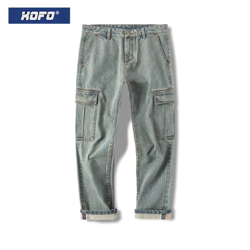 赤耳工装裤XOFO港风原宿潮日系做旧复古宽松直筒休闲丹宁牛仔裤男