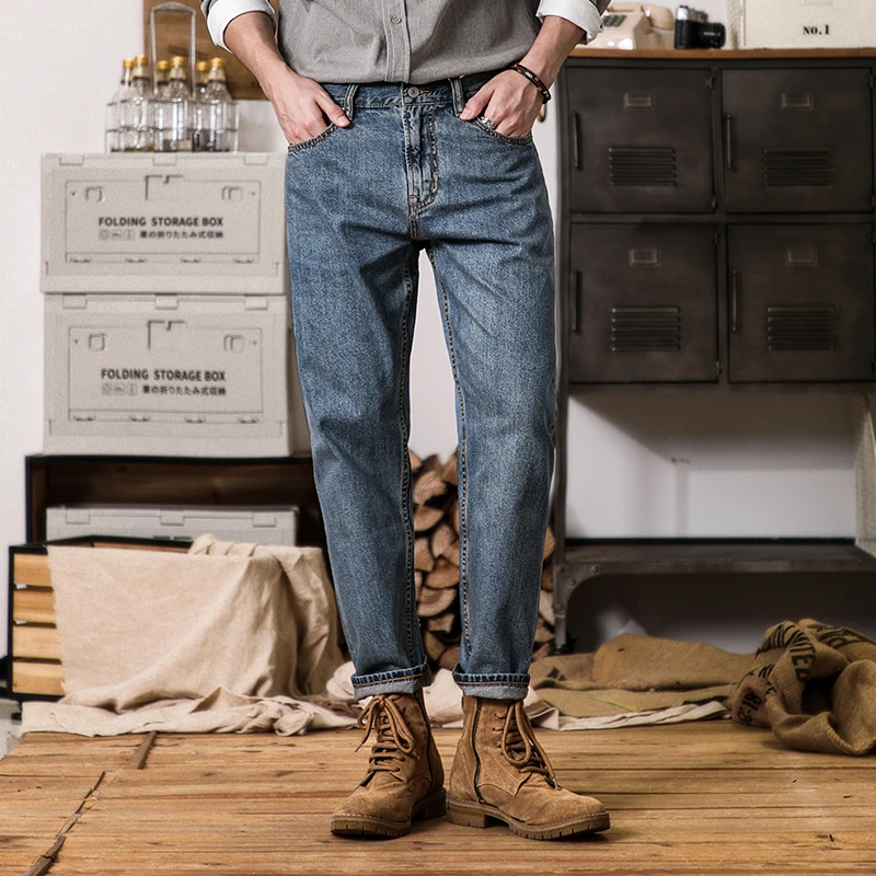 秋季新款美式复古蓝色锥形小脚九分牛仔裤男款小直筒水洗柔软裤