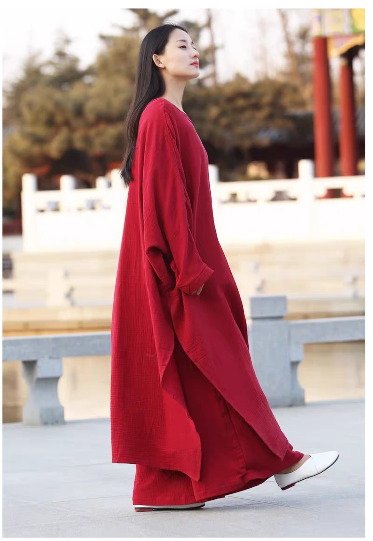 忘川 春秋新中式复古宽松禅舞茶服棉麻两件套连衣裙+吊带国风禅服