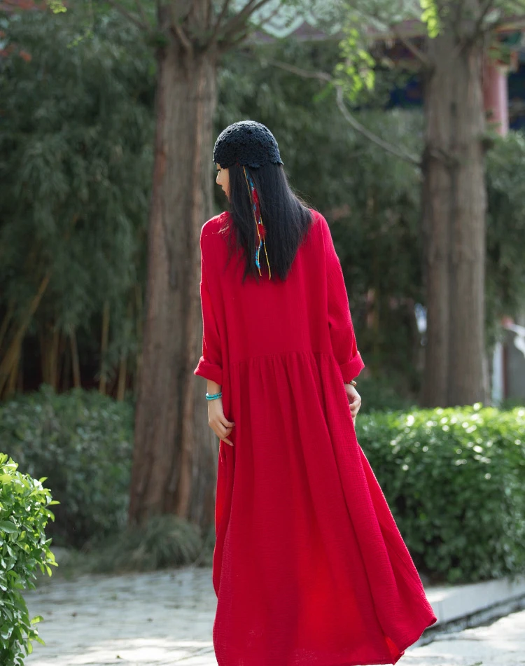 春夏秋V领线织肌理原麻宽松袍子双层大摆气质长款连衣裙复古女式