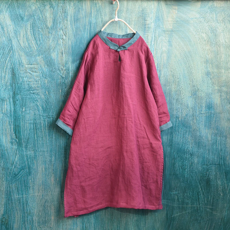 静心/原创大码苎麻女装宽松茶服复古文艺撞色领盘扣中长款连衣裙