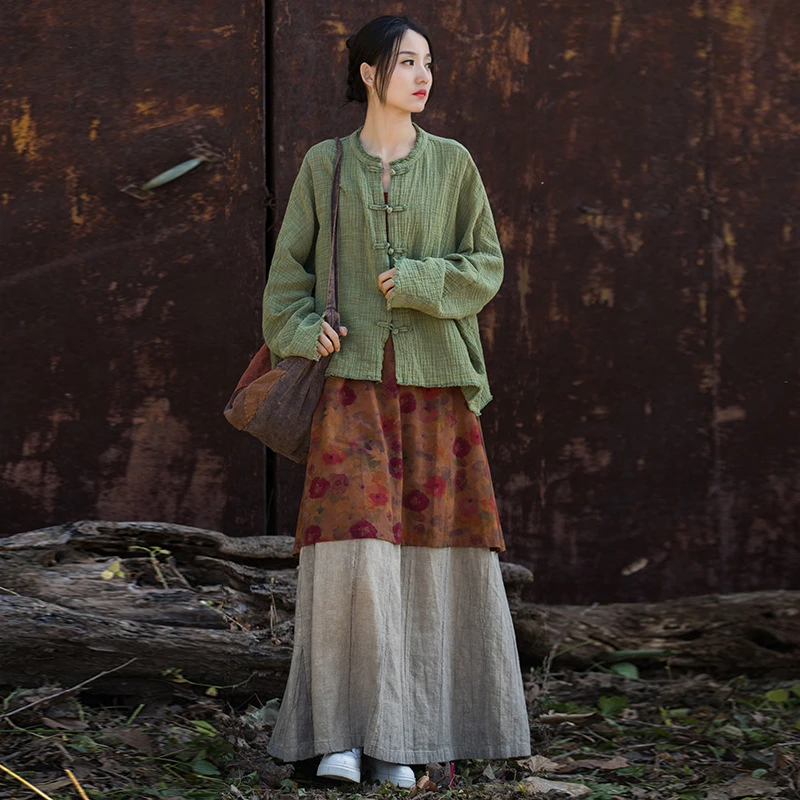 春秋季棉麻女装新款皱褶肌理炒色做旧盘扣小外套居家旅行女式外衣