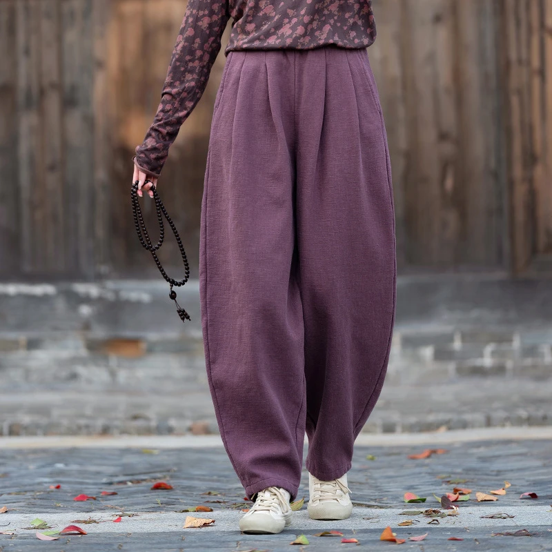 秋冬季新款苎麻文艺砂洗保暖加厚休闲裤女士打坐禅修加绒灯笼棉裤