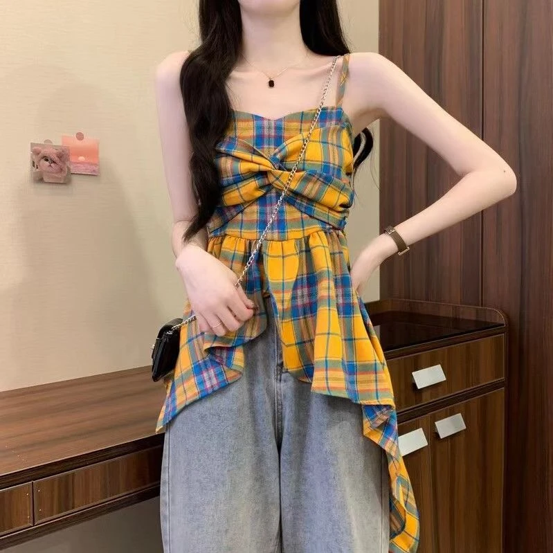 复古格子上衣风千鸟格黄色洋气别致外穿抹胸女不规则上衣吊带女装