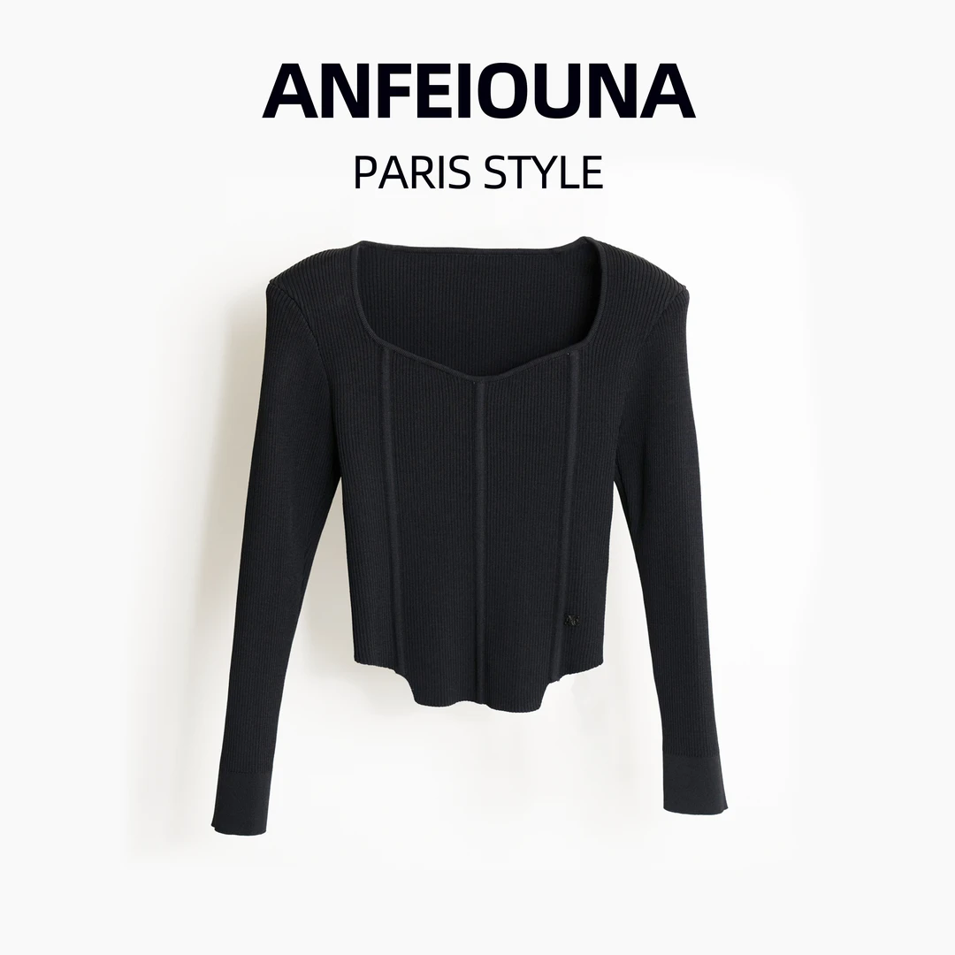 2025新款方领设计别致气质百搭针织显瘦打底上衣女7116