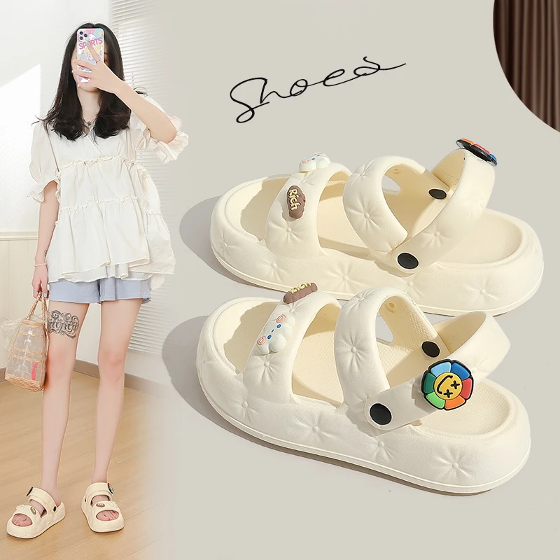 魔杏踩屎感学生女款夏季卡通网红防滑时尚太阳花两穿厚底一字拖鞋
