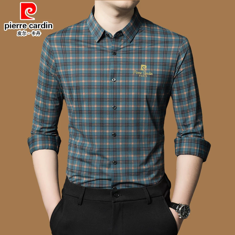 皮尔卡丹男士正品冰丝长袖衬衫夏季薄款高档弹力休闲格子短袖衬衣
