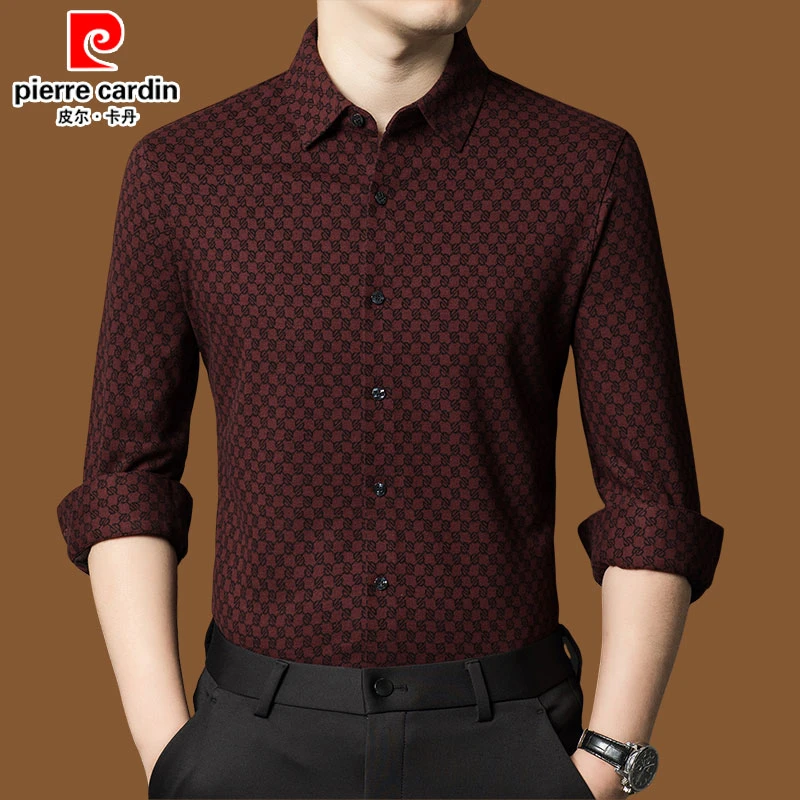 皮尔卡丹男款秋冬宽松衬衫中年高档男装长袖休闲含绵羊毛打底衬衣