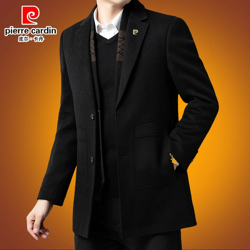 皮尔卡丹冬季毛呢大衣西装领中长款男装双面羊毛呢呢子外套加厚