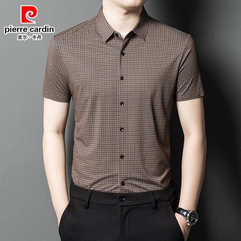 皮尔卡丹男士短袖衬衫夏季薄款2024新款中年男装高档潮流冰丝弹力