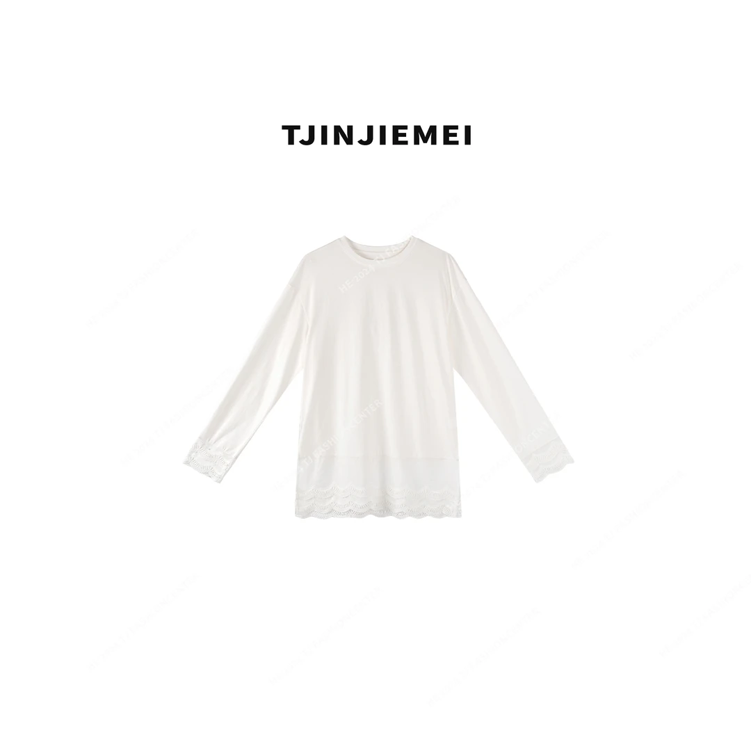 T井姐妹【小花边】设计感韩版圆领简约长袖T恤TX2410-TJ0073