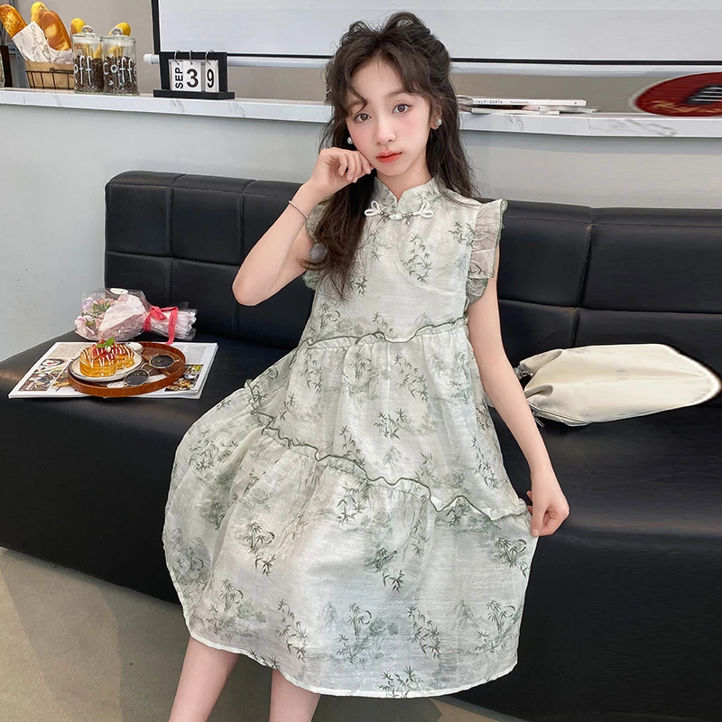 女童连衣裙2024夏季新款中大童飞袖碎花裙新中式裙子T4279201341