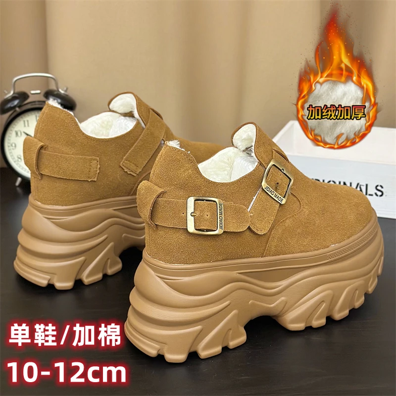 厚底增高12CM内增高女鞋秋冬加绒复古一脚蹬超高跟10cm勃肯鞋单鞋