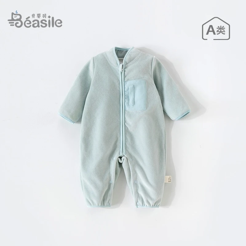 婴儿连体衣天鹅绒秋冬外穿新生儿外出服哈衣外穿爬服秋装宝宝衣服