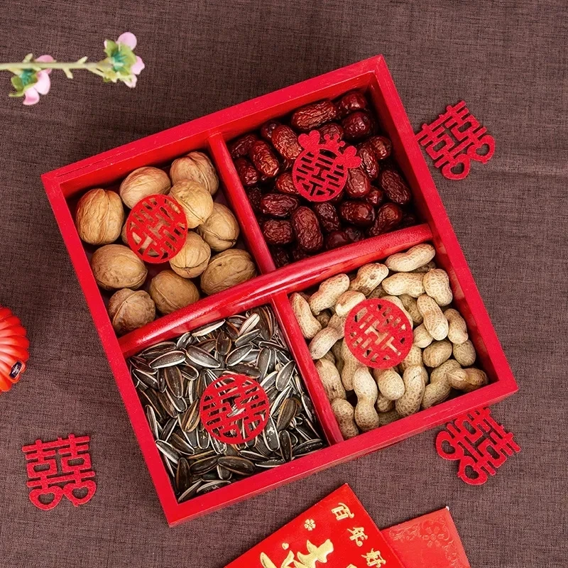 果盘四格结婚木质结婚用品新婚四格盘中式婚庆干果盒摆件分格收纳