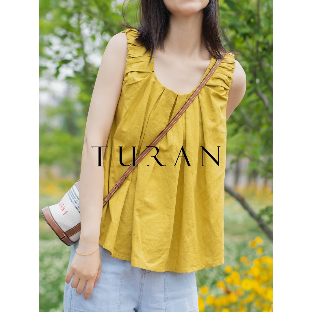 苹果派无袖麻料上衣设计感压褶宽肩显瘦夏季宽松百搭气质TRTG0644