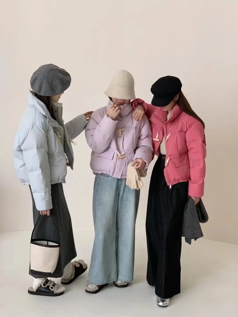 2024秋冬新款羽绒服立领超短款糖果色牛角扣面包服时尚白鸭绒外套