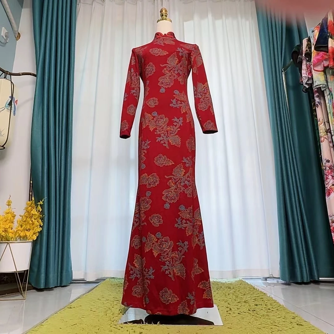 新款气质秋冬长袖时尚修身时尚复古袖秋季妈妈长款优雅连衣裙