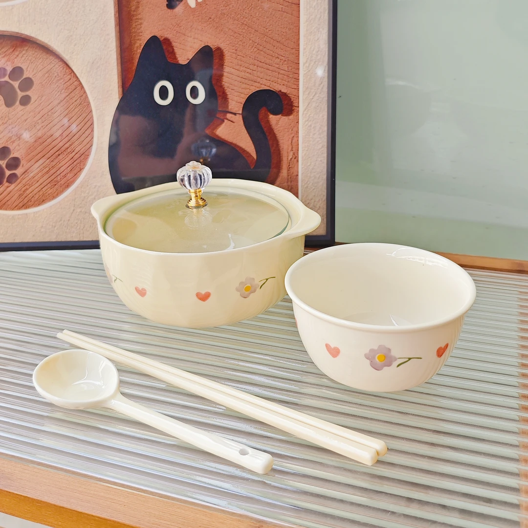 【泡面碗+勺+筷子+碗】奶油风紫藤花家用泡面碗装汤碗家用陶瓷餐具