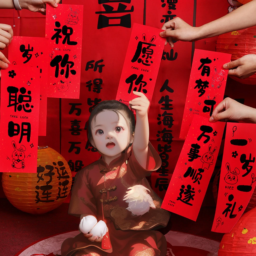 抓周手持小对联龙宝宝一周岁礼生日布置祝福语拍合照道具装饰用品