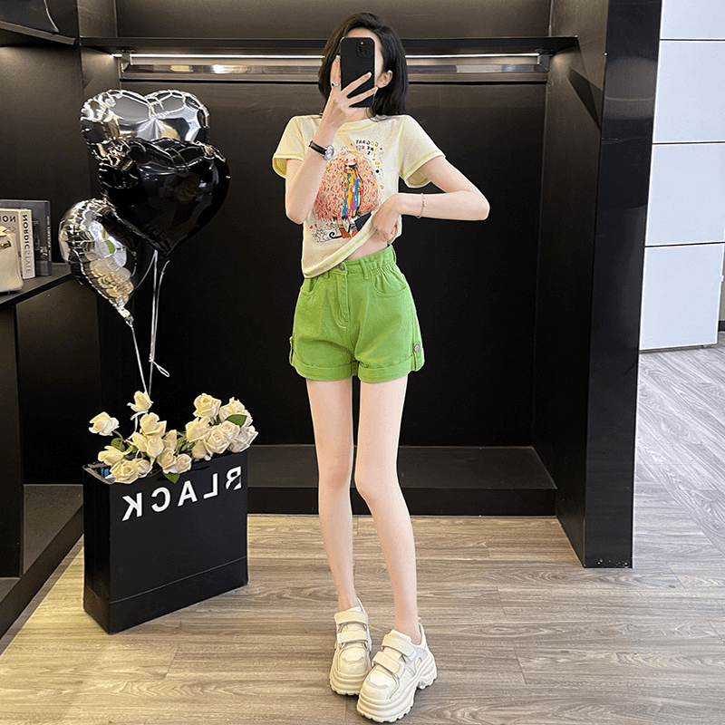 小个子穿搭休闲运动套装夏季减龄洋气漂亮印花短袖高腰短裤两件套
