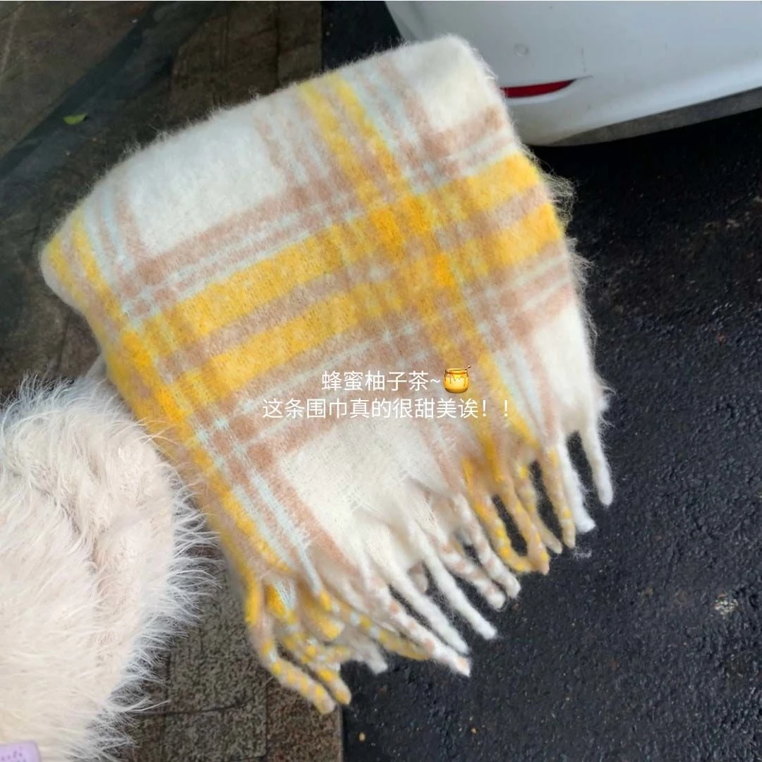 蜂蜜柚子茶~奶油黄格子围巾女马海毛冬季加厚保暖披肩围脖ins韩版