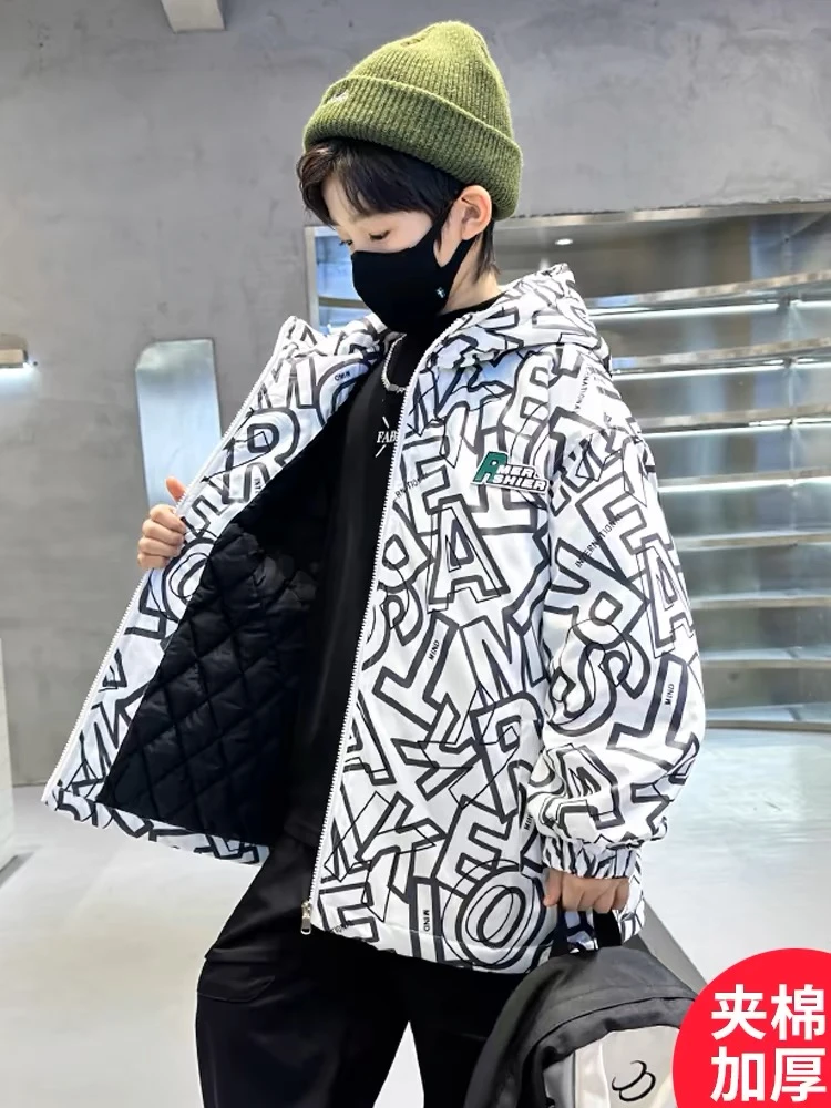 男童秋冬款棉服新款过度季节薄款二棉连帽冲锋衣中大加厚冬装潮款