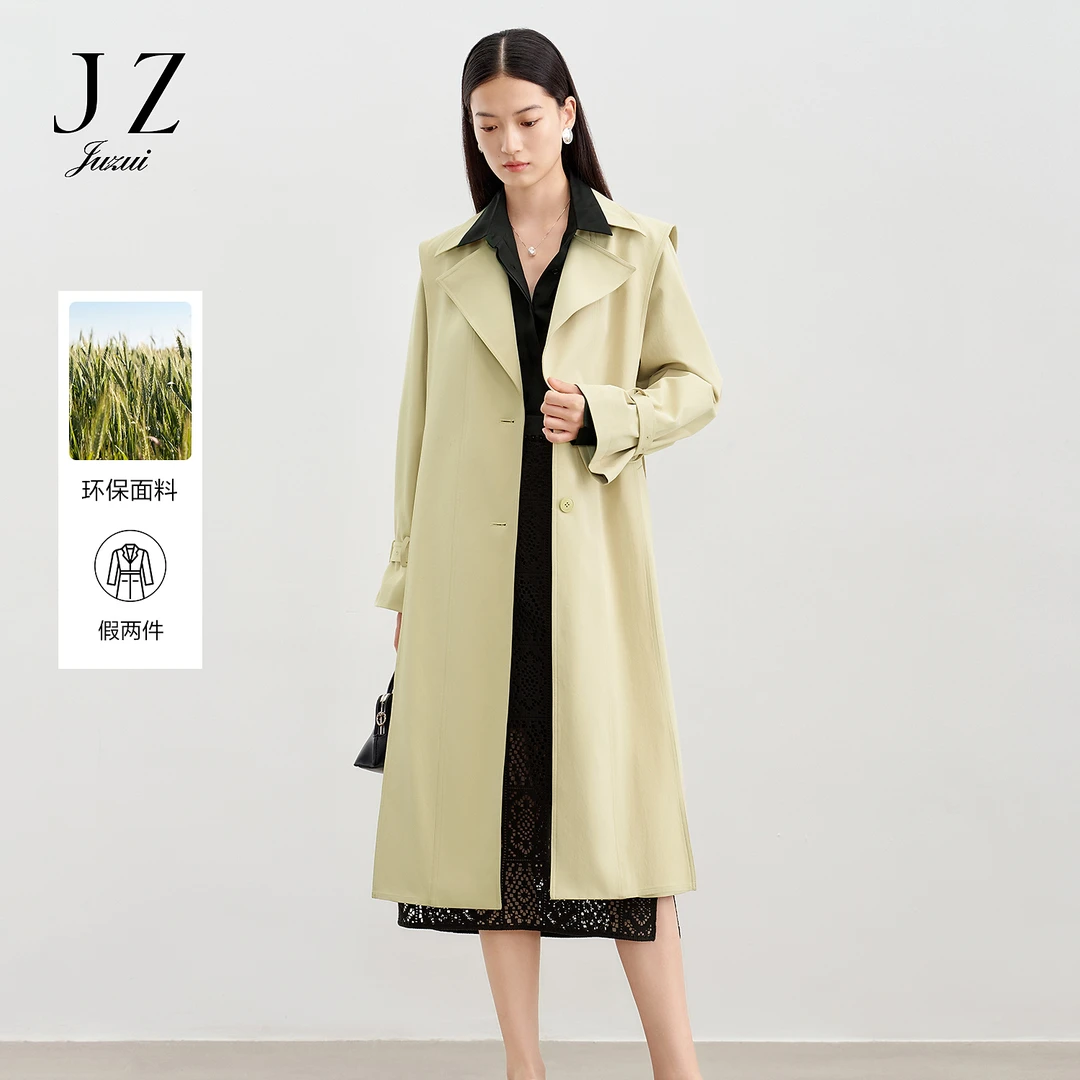 玖姿安娜蔻J假两件腰带环保面料风衣女2024春季JTEC41107