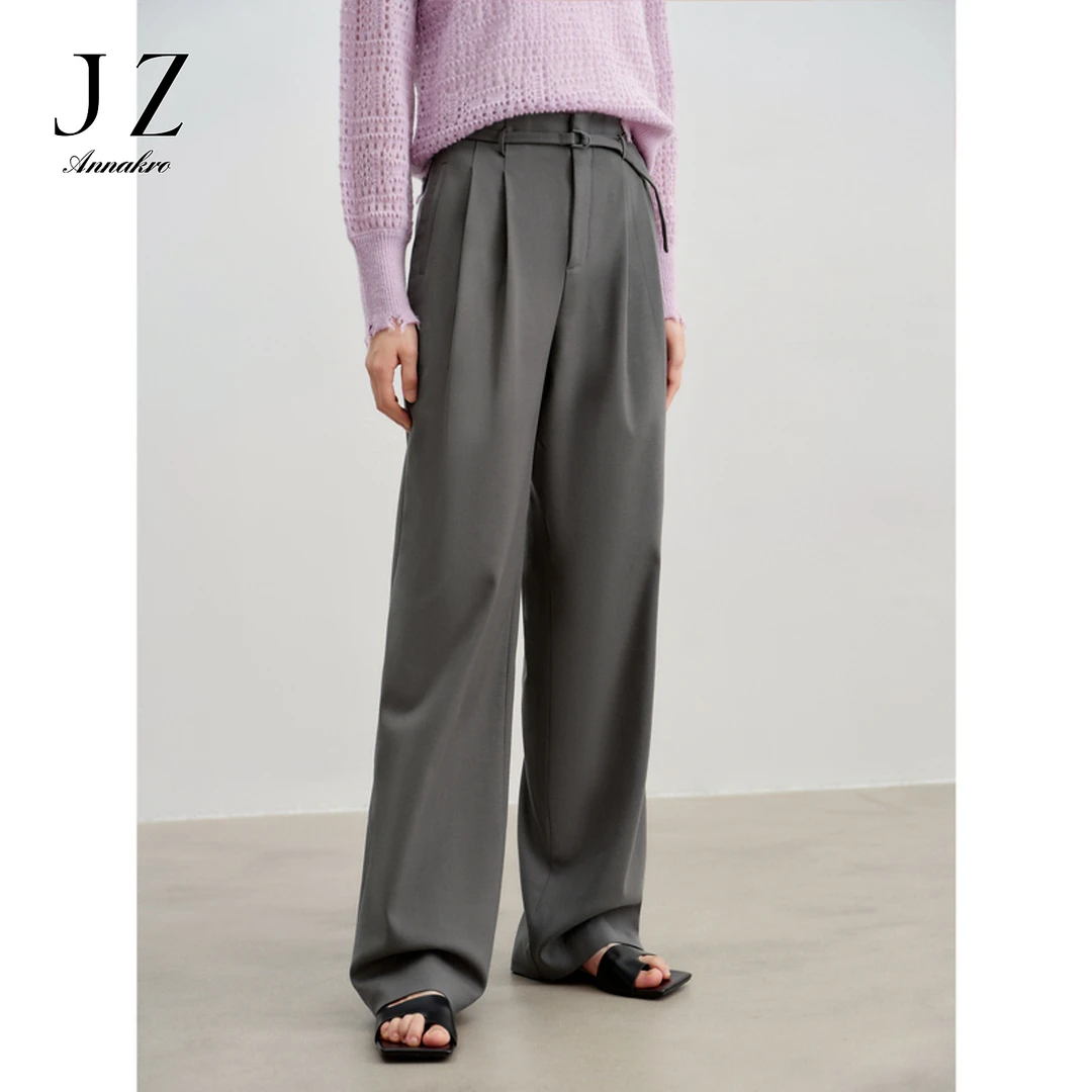 玖姿安娜蔻简奢风金属腰带压褶长裤阔腿休闲裤女JTEC11011