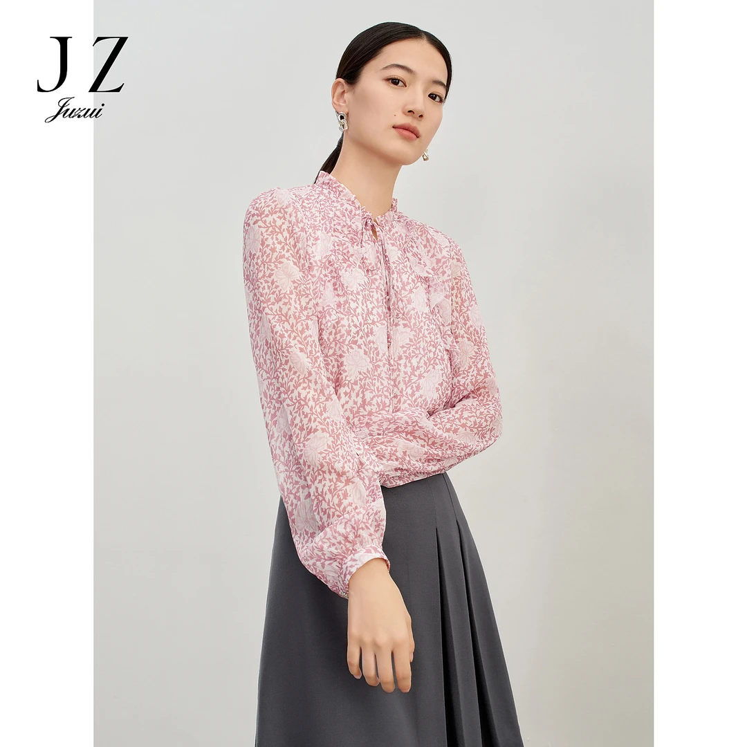玖姿安娜蔻优雅通勤荷叶边宽松雪纺印花长袖上衣女JTEC80204