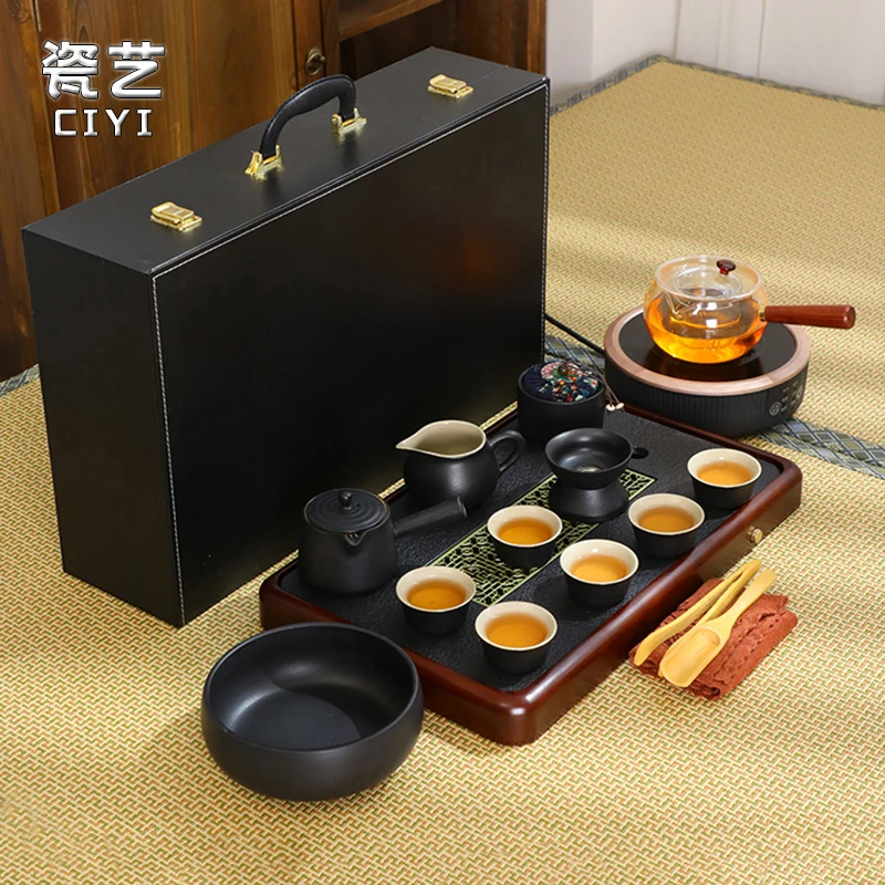 高端茶具套装整套家用茶盘功夫陶瓷泡茶壶盖碗紫砂茶具礼盒装简约