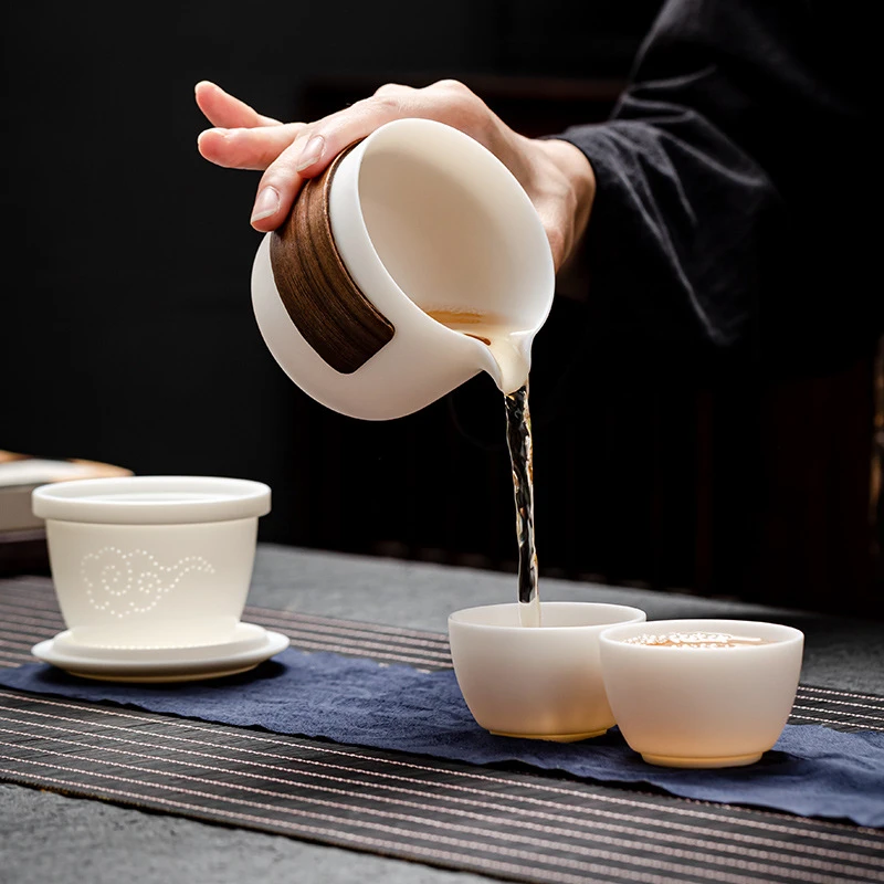 旅行茶具套装羊脂玉白瓷过滤快客杯一壶两杯便携式户外纯白泡茶壶