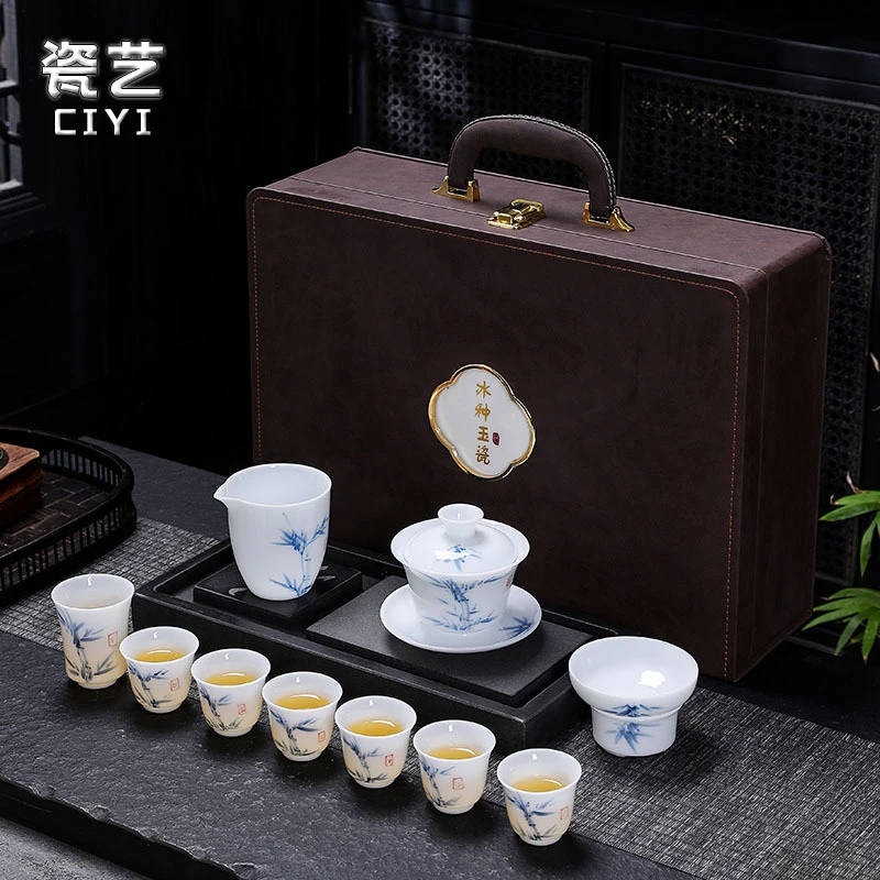 冰种玉瓷手绘茶具套装家用功夫陶瓷泡茶盖碗茶杯高档礼盒装办公室