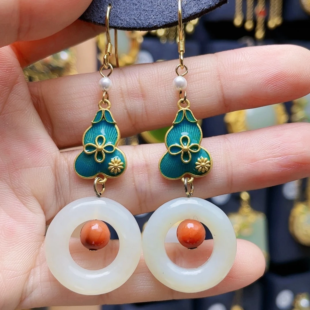 【闪购商品】和田玉耳饰银S925镀金镶嵌