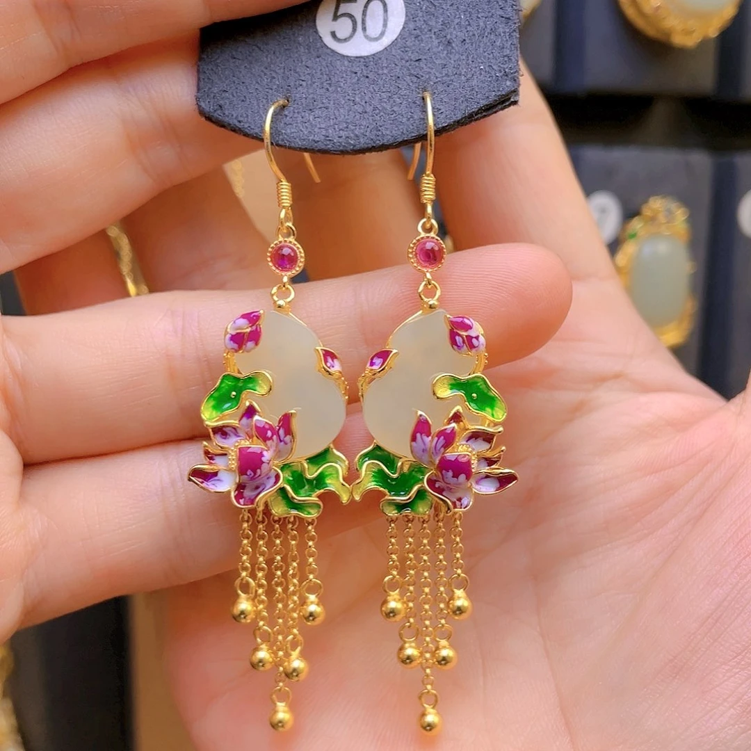 和田玉耳饰银S925镀金镶嵌