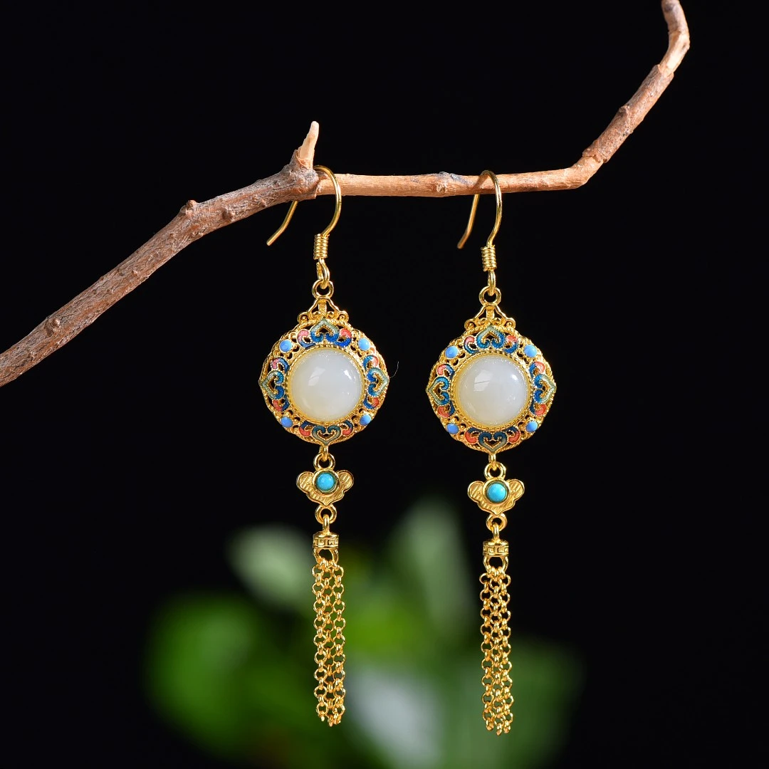 和田玉S925银镶嵌流苏耳饰