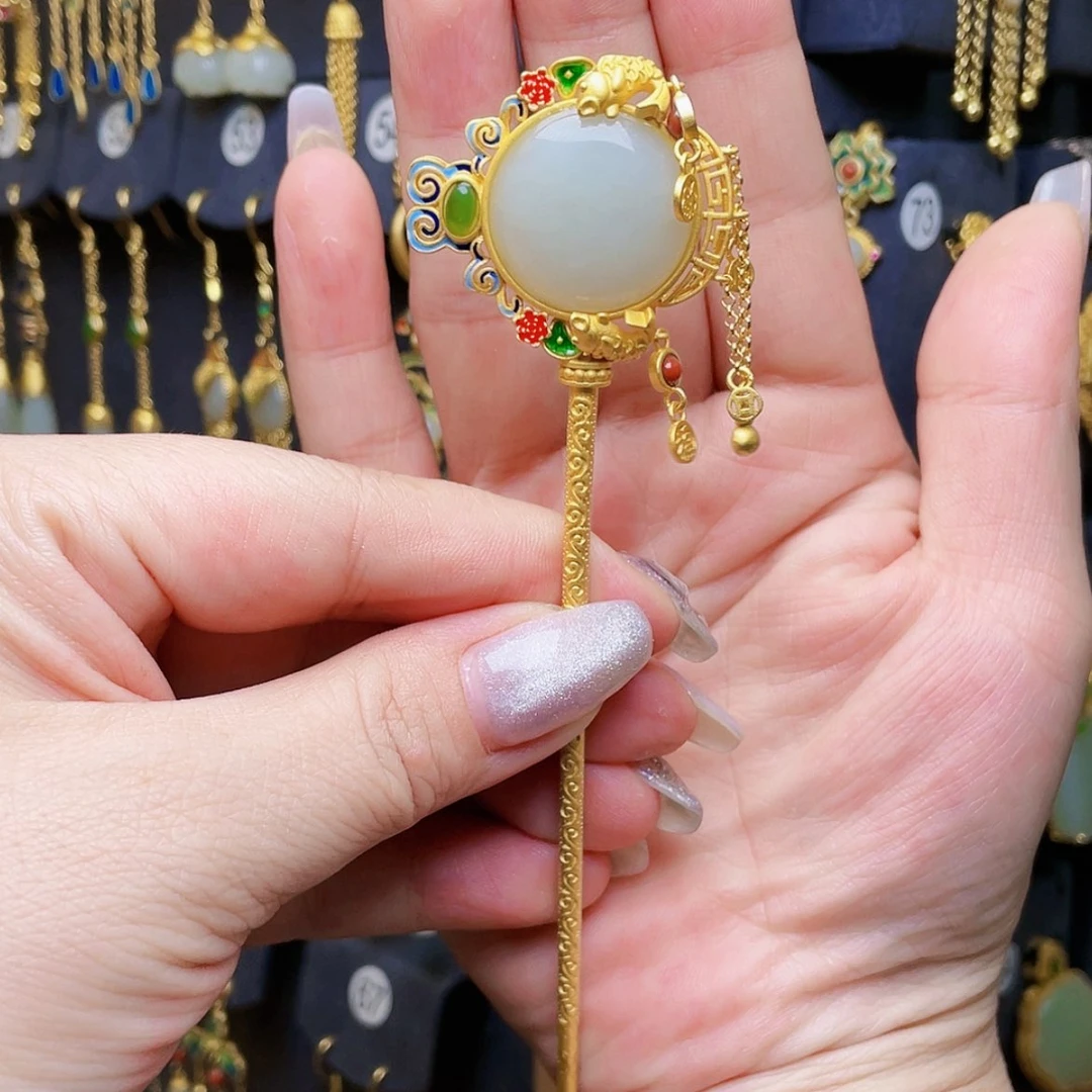 【闪购商品】和田玉发饰银S925镀金镶嵌