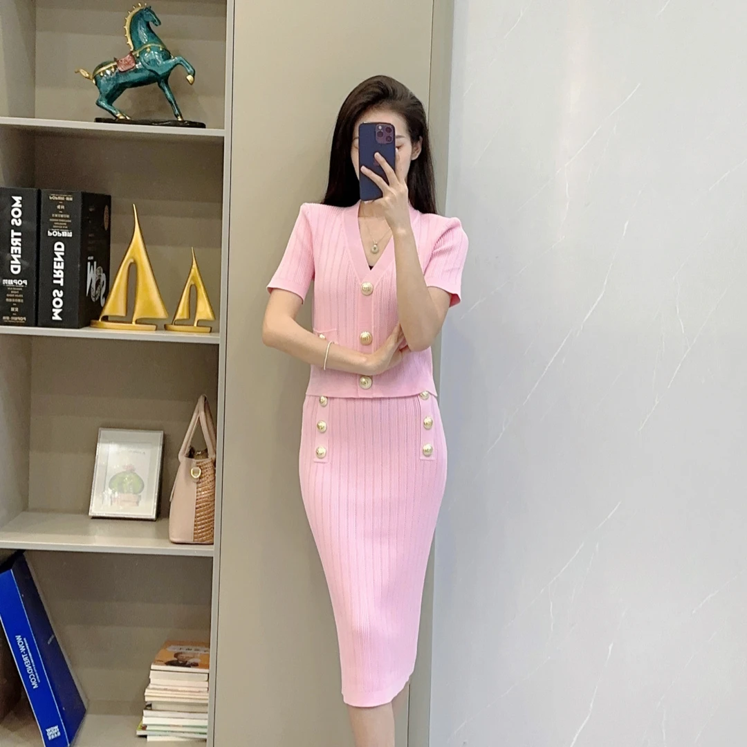166/179显瘦气质针织时尚修身包臀轻奢休闲夏季短袖ol减龄套装