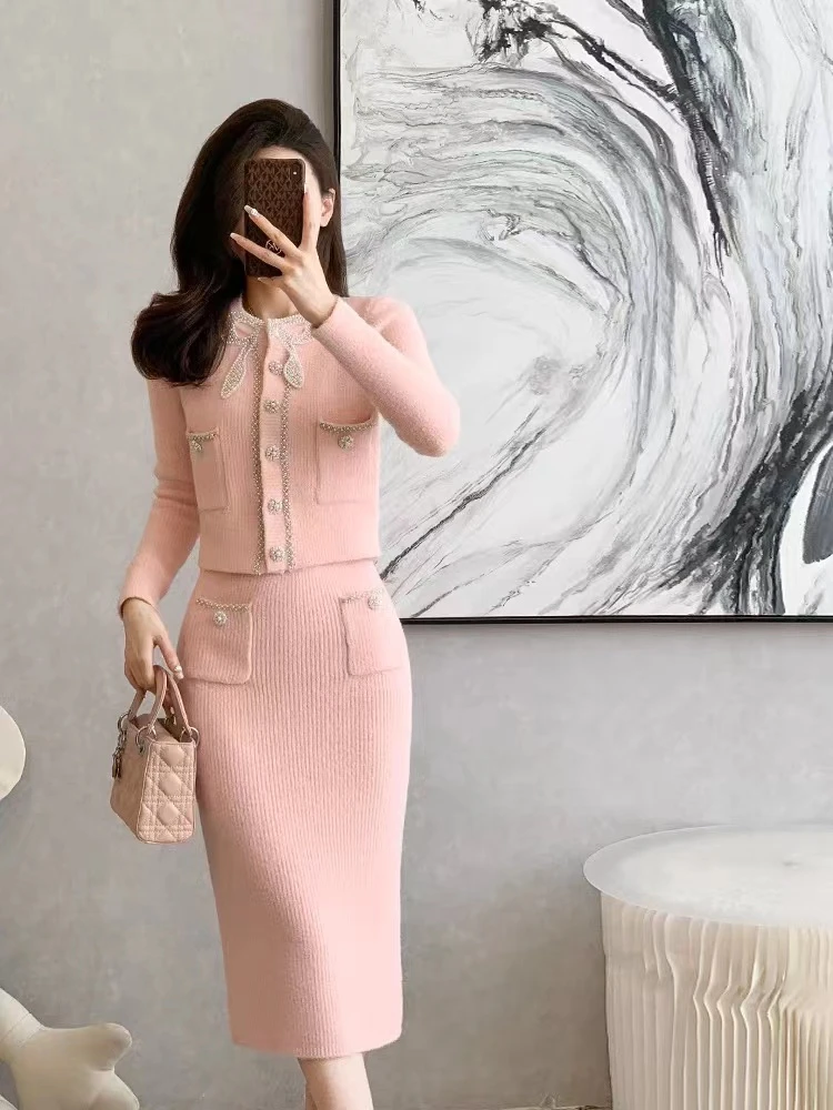 5965-5966小香风显瘦气质长袖针织时尚洋气法式复古套装