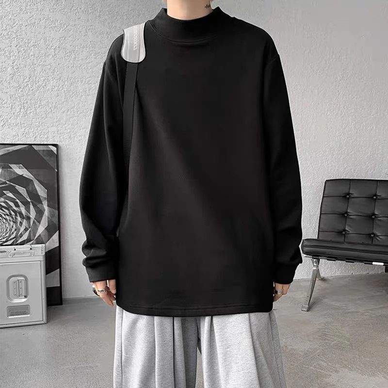 保暖德绒半高领打底衫男长袖男秋冬季新款纯白色内搭长袖T恤男