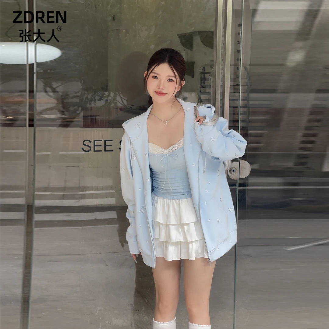 张大人【绝漾海岸】大码女装微胖妹妹休闲宽松甜美风连帽外套套装裙