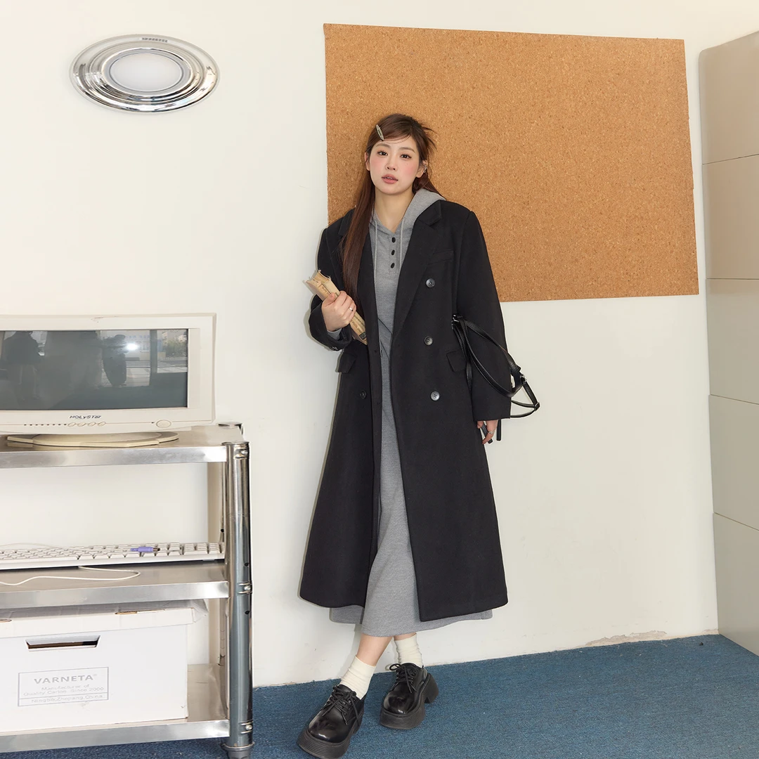 【月湾星湖】大码女装微胖妹妹韩女高及感黑色冬季毛呢大衣