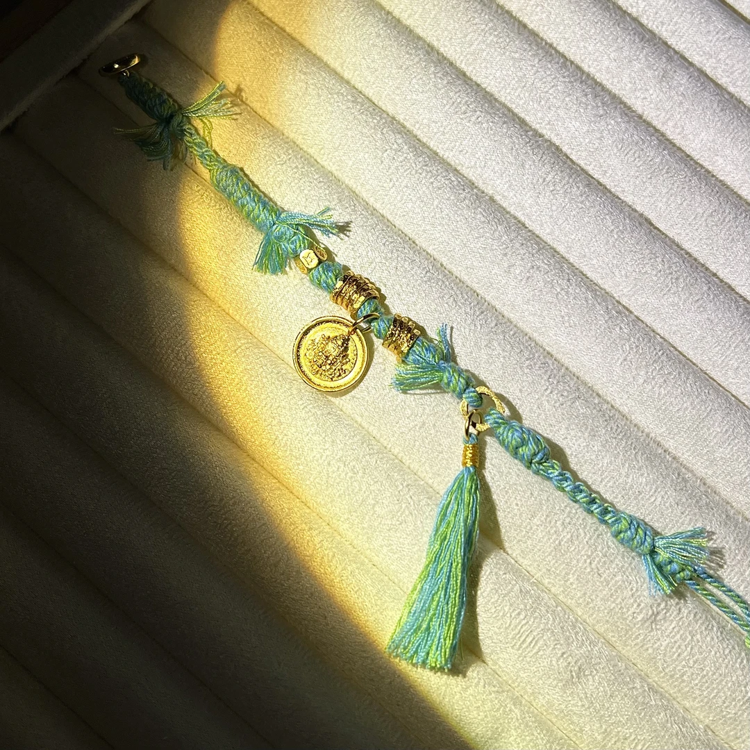 铜合金珐琅手链 绿色复古编织古风黄财神编绳流苏 彩色编绳手链