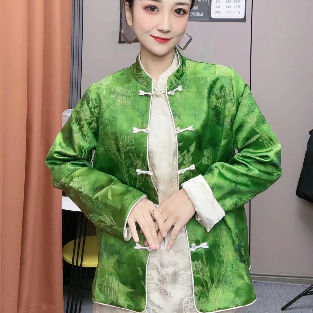 【荣荣家】新中式国风绿色提花新款高级感唐装女装老钱风盘扣上衣