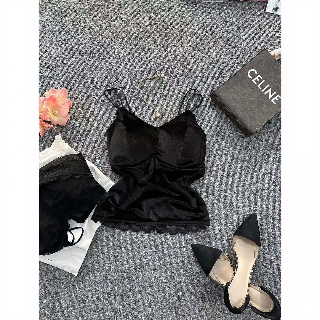 【荣荣家】秋冬爆款性感吊带百搭时尚气质无袖简约拼接蕾丝法式小众